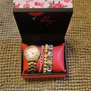 Betsey Johnson Gold and Pink Watch with Bracelet Set